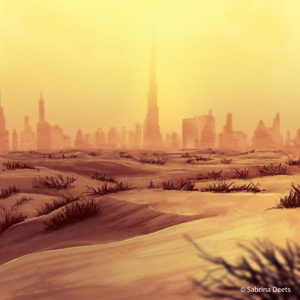 Sepia monochrome painting of an desert with a city in the distance.