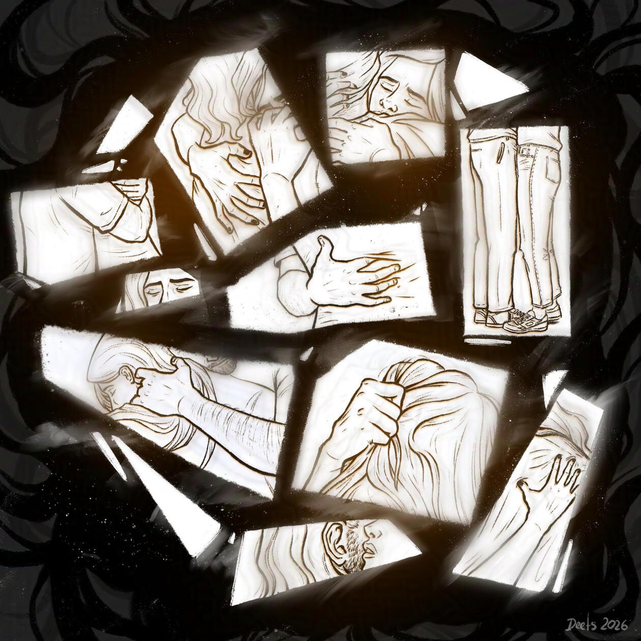 Black and white Image that is washed out a little. Image describes the feeling of remembering a Hug, many images split into focusing on the touch, the smell, the warmth.