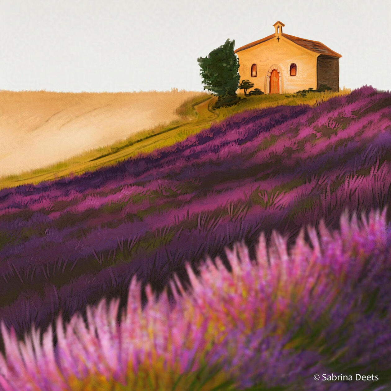 Painting of a pink lavender field, in the distance is a small cottage. Somewhere in france.