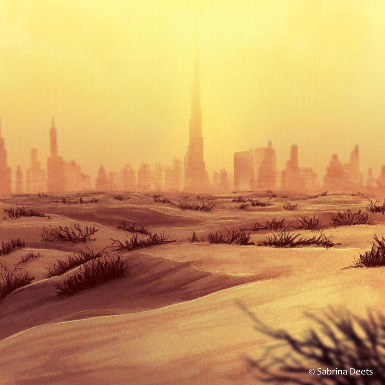 Desert Sepia monochrome painting of an desert with a city in the distance.