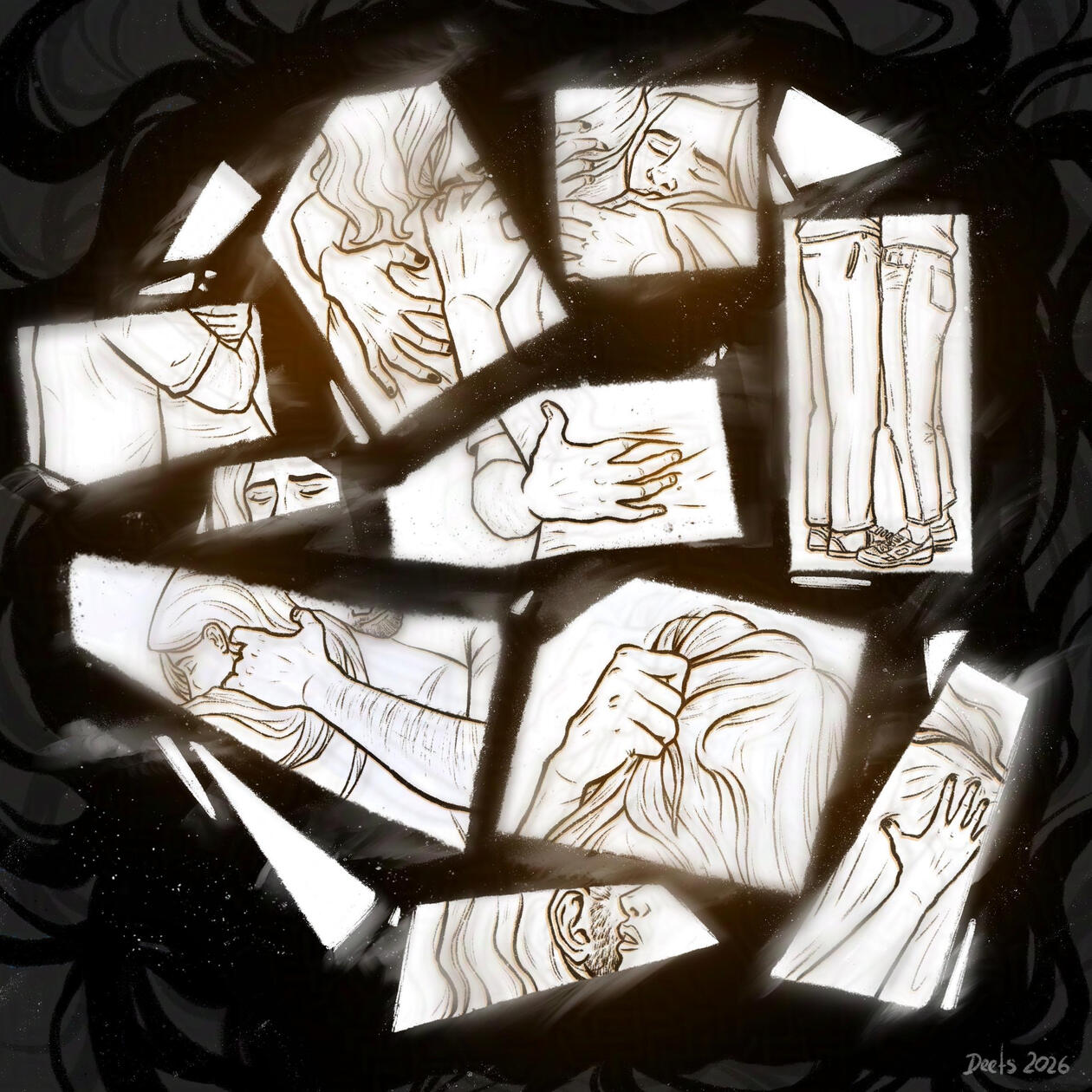 Black and white Image that is washed out a little. Image describes the feeling of remembering a Hug, many images split into focusing on the touch, the smell, the warmth.