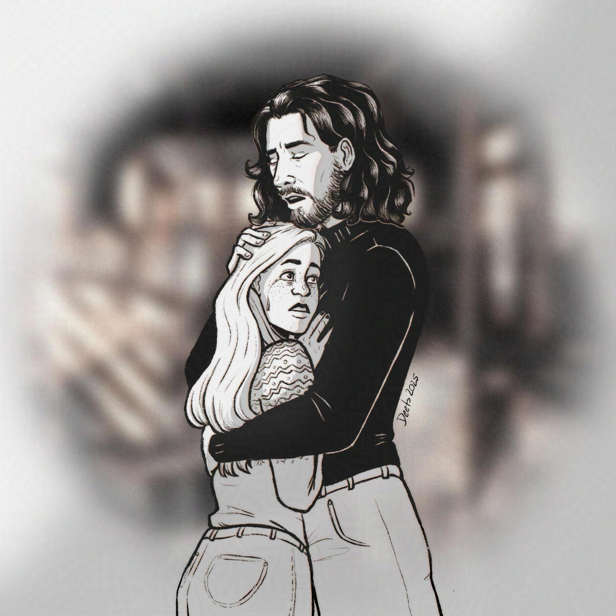 Swan upon Leda Black and White Drawing of an crying woman being held by the musican Hozier as he sings Swan upon Leda.