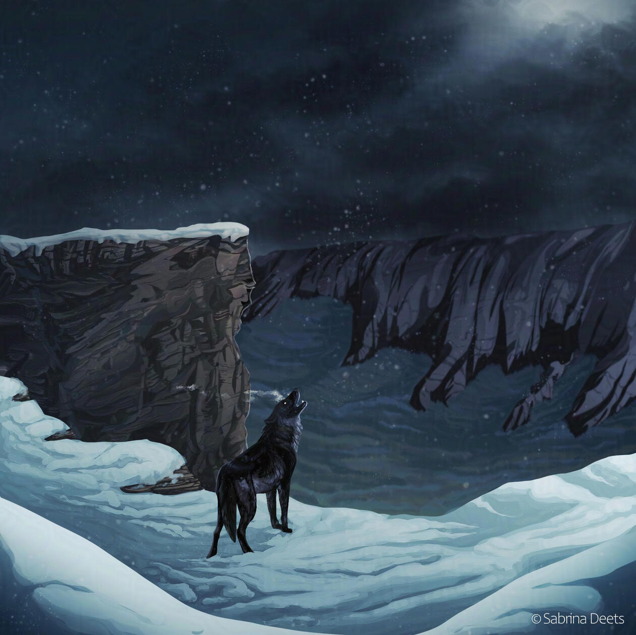 Midnight Howl A black wolf howling into the night on a snowy cliff edge.