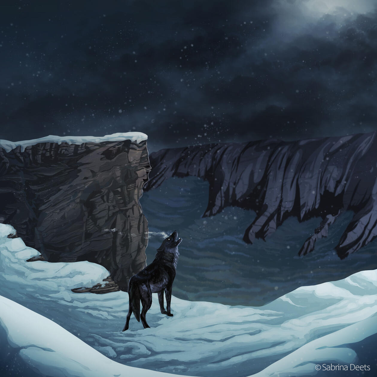 A black wolf howling into the night on a snowy cliff edge.