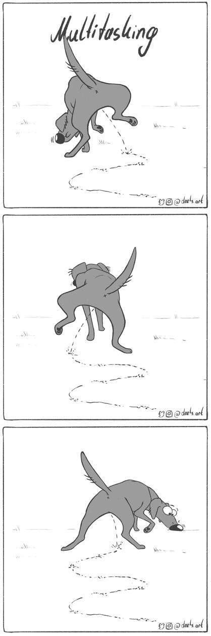 Funny comic about Fug the dog walking and sniffing the ground all while still peeing