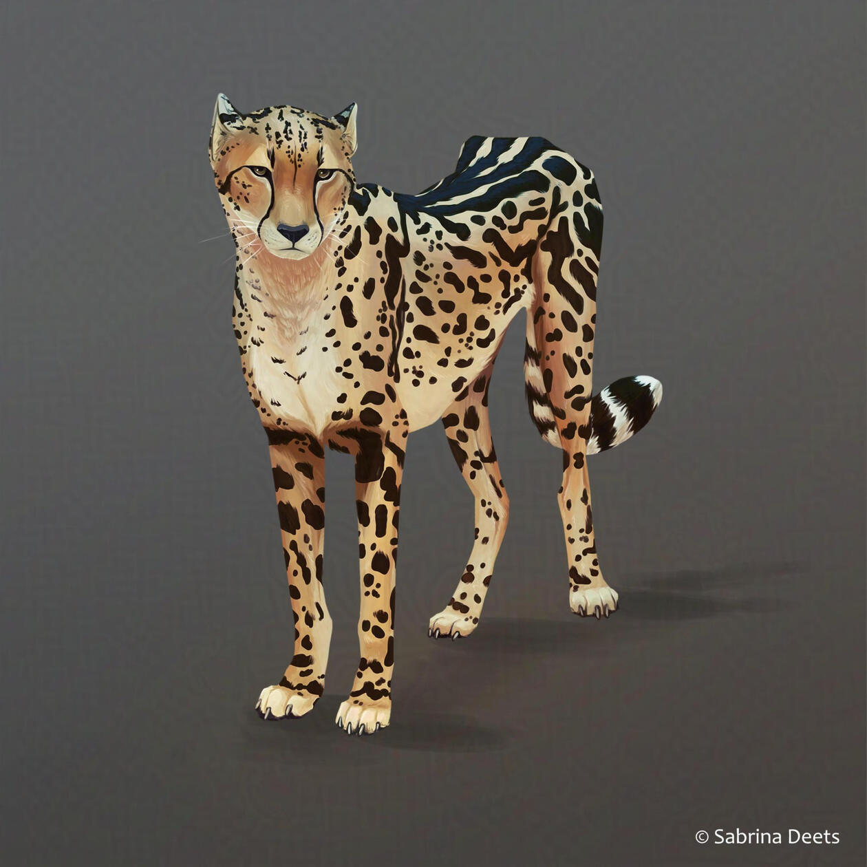 A painting of an cheetah standing in an empty grey background
