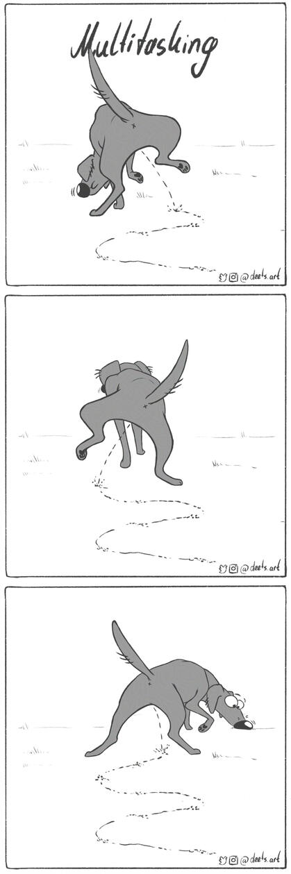 Funny comic about Fug the dog walking and sniffing the ground all while still peeing