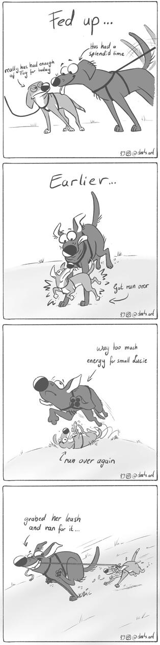 Funny comic about the labrador Fug being a little to much to handle when it comes to playtime for small lucie the beagle mix