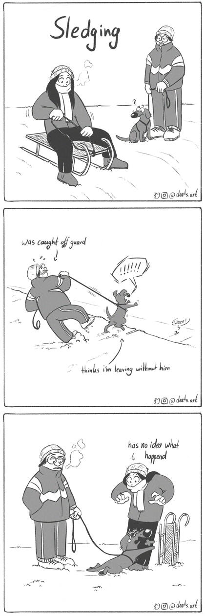 Funny comic about Fug the dog and his first experience with someone else sleding down a hill.