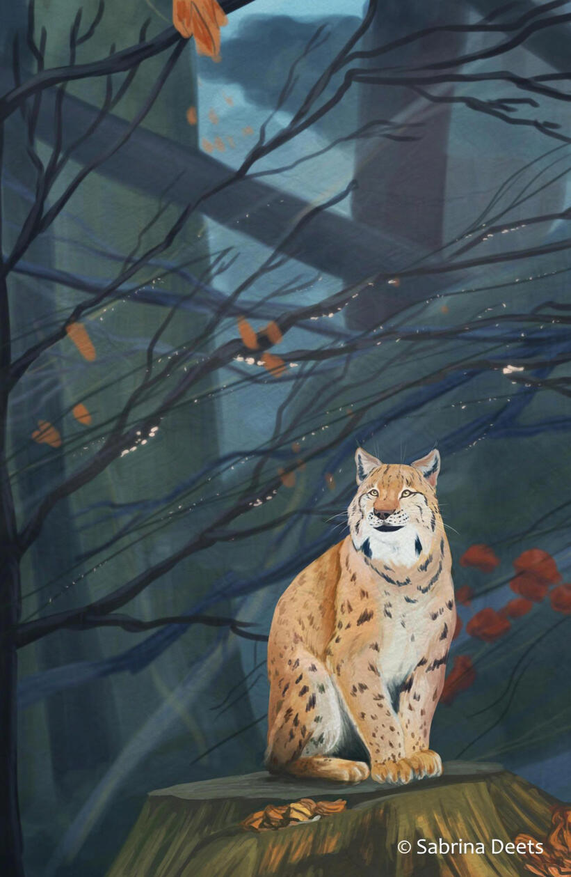 Painting of an lynx sitting on a log in the forest
