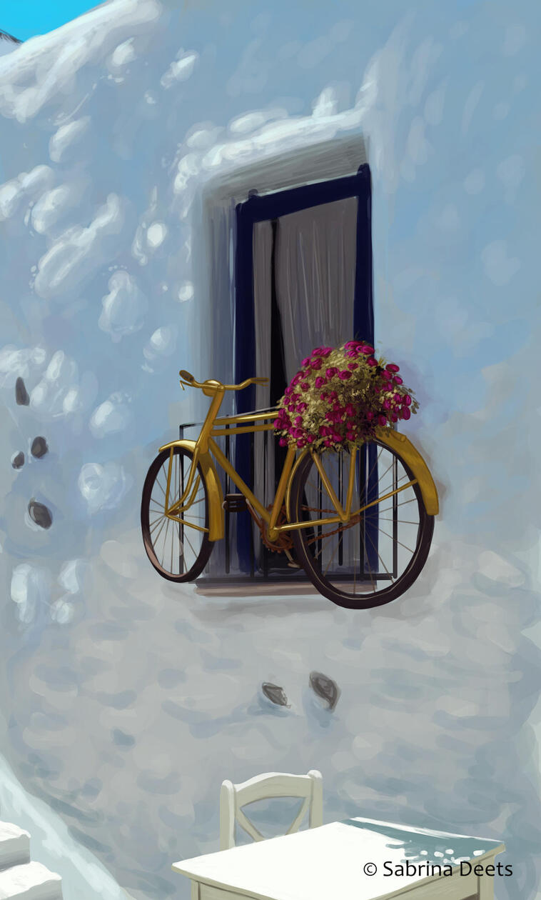 Painting of an yellow bike hanging on a white wall above a small white table. Somewhere outside in Greece
